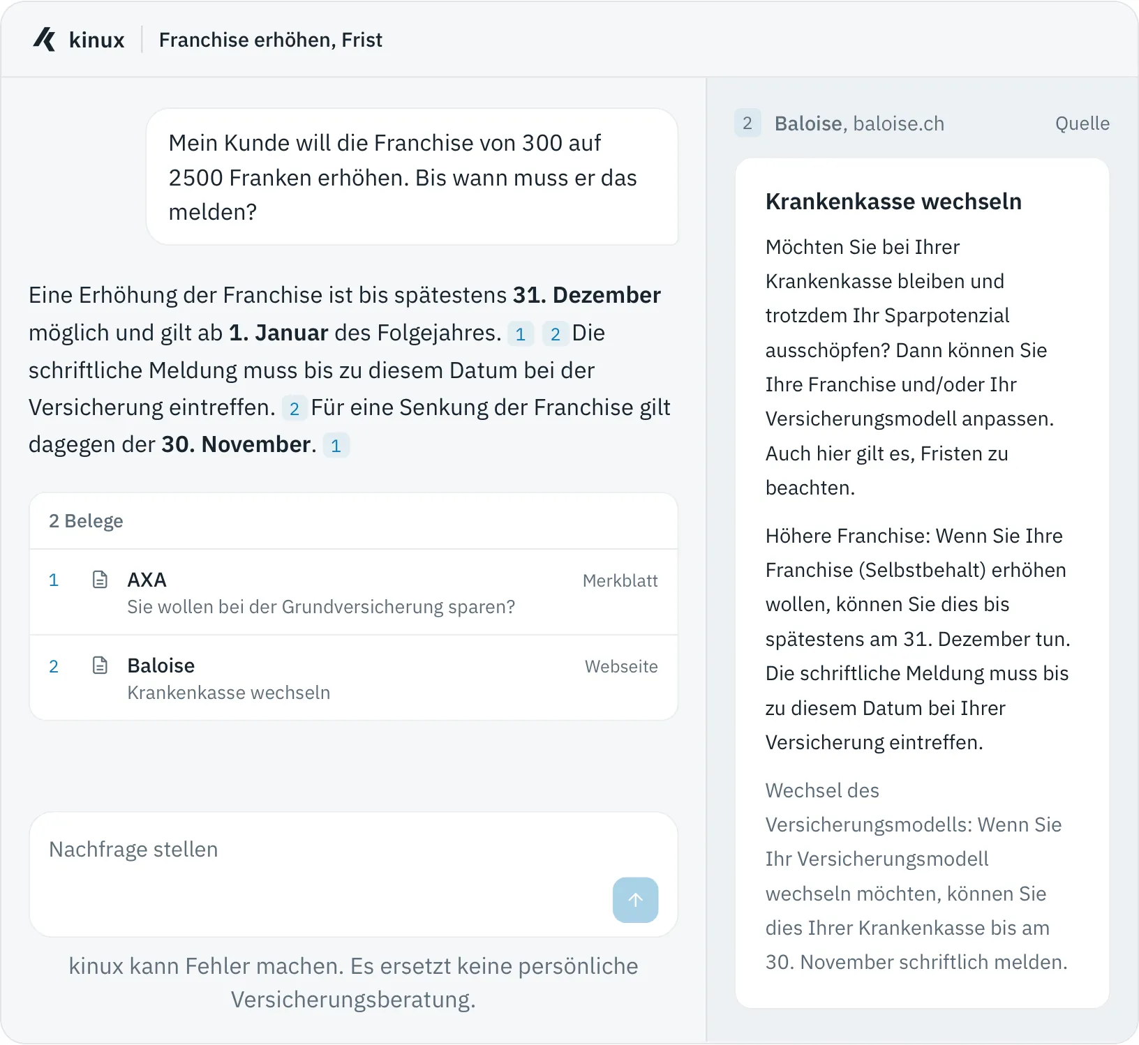 kinux product view: question about the deductible, answer with two sources